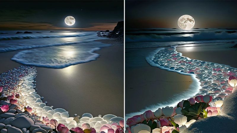 Blending in with nature: Unveiling the flowers on the beach with sparkling moonlight, full of charm