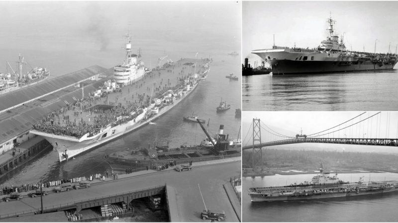 Royal Navy’s HMS Implacable (R86) Docked in Vancouver After Troop Delivery from Manila, October 1945